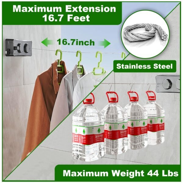 Retractable Clothesline Indoor - 16.7Ft Twin Laundry Drying Line for Indoor & Outdoor Use, Heavy Duty Wall-Mounted Retractable Clothes Lines for Hanging Clothes, Space-Saving Design, Shinygrey - Image 7